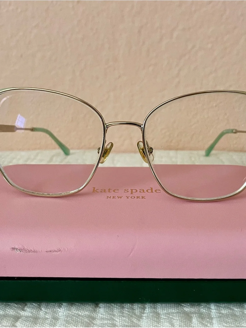 kate spade Gold Frame Eyeglasses with Mint Temples and Pink Case